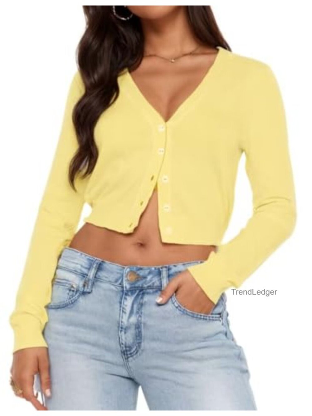 Womens Long Sleeve Cardigan Open Front V Neck Cropped Sweater